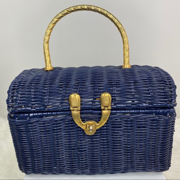 Vintage Handbags - Vintage Navy Blue Rattan Bag
